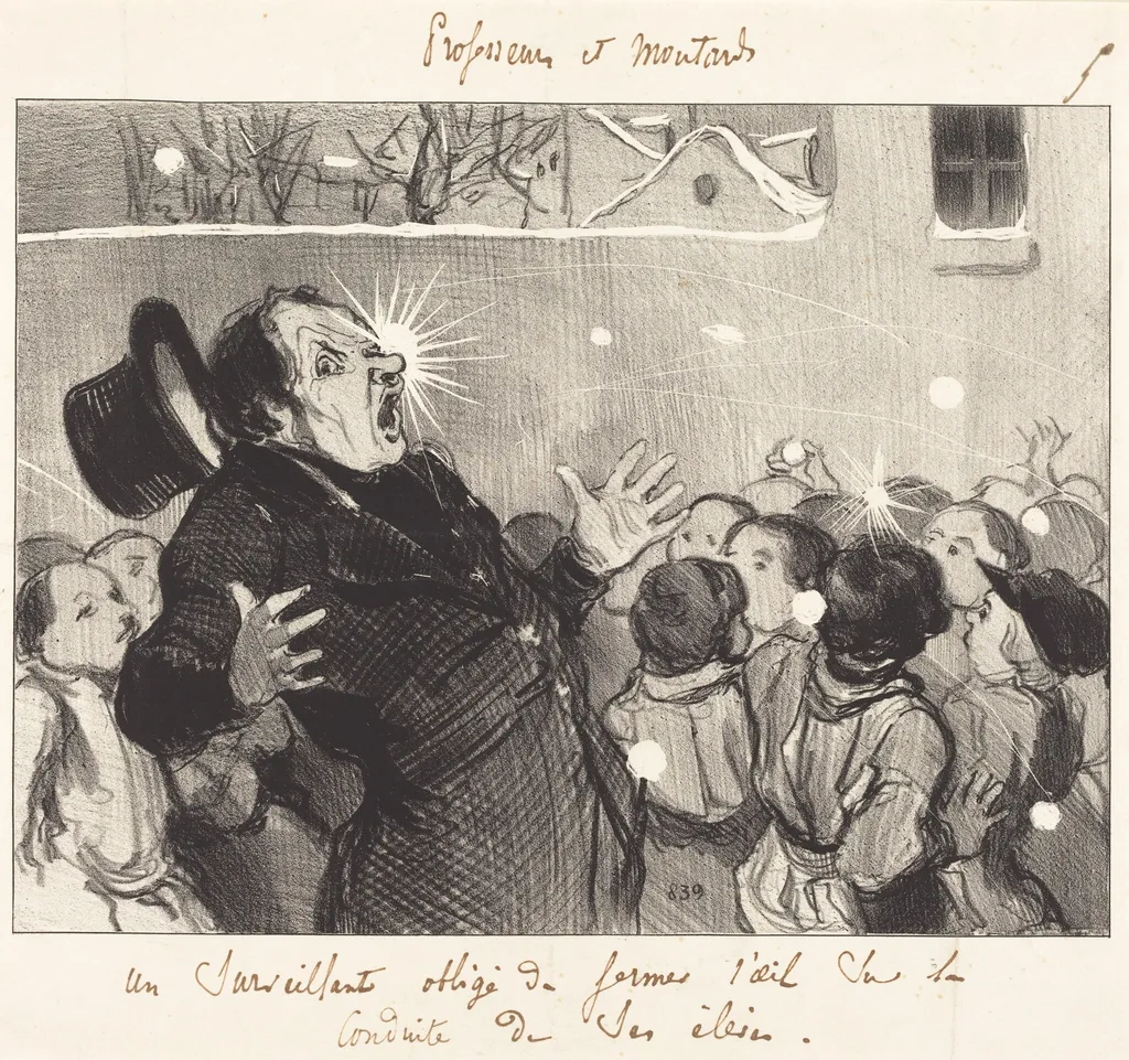 Un Surveillant obligé de fermer l'oeil..., by Honoré Daumier, ink, 1845