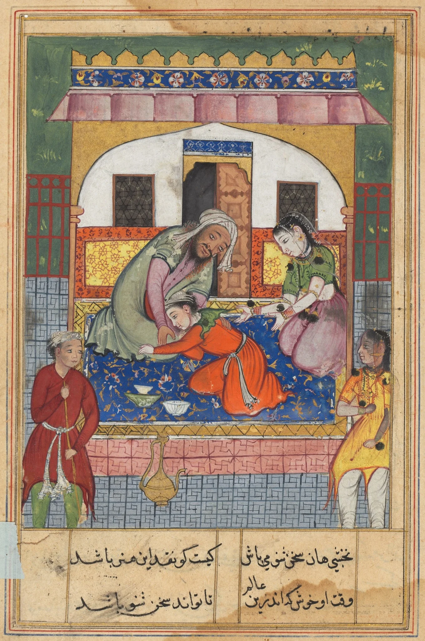 Repenting his conduct, ‘Ubaid falls at the feet of his parents, from a Tuti-nama (Tales of a Parrot): Forty-second Night, detail