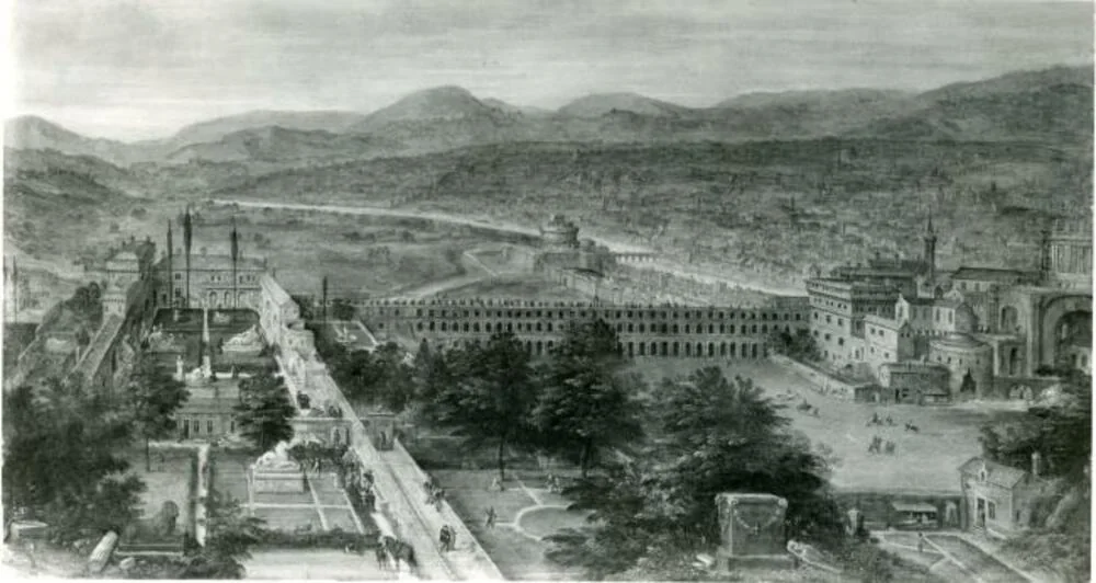 View on the Vatican gardens and the st Peter's basilica, detail