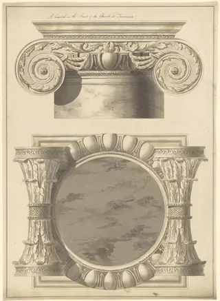 Plan and elevation of a capital in the front of the church at Terracina, by Robert Adam, 1754