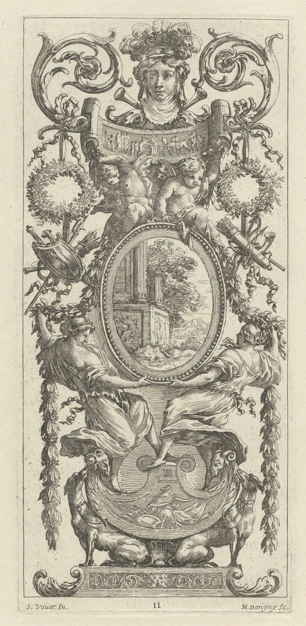 Ornamental Panel Surmounted with a Head Flanked by Foliage, detail