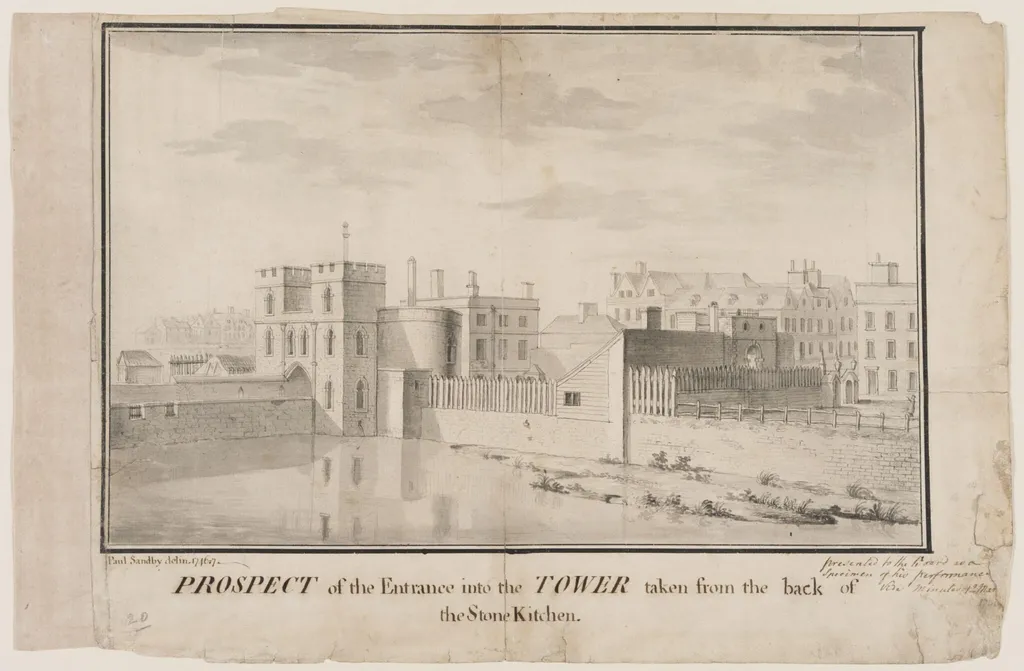 Prospect of the Entrance into the Tower [of London] taken from the back of the Stone Kitchen, by Paul Sandby, watercolor, 1746