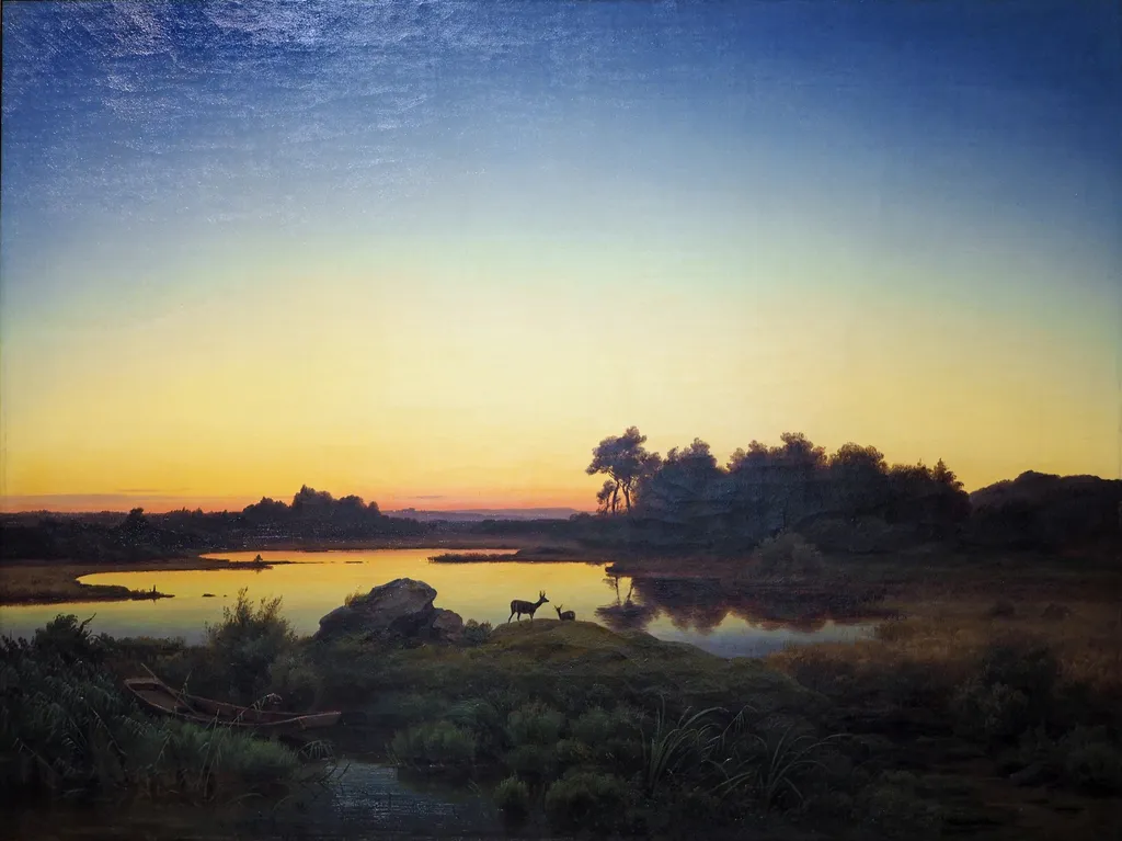 Landscape with Deer at Sunset, by Anton Zwengauer, oil, 1847