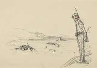 a) Along the Marne (recto); b) Study for Along the Marne (verso), by Jean-Louis Forain, graphite, 1918
