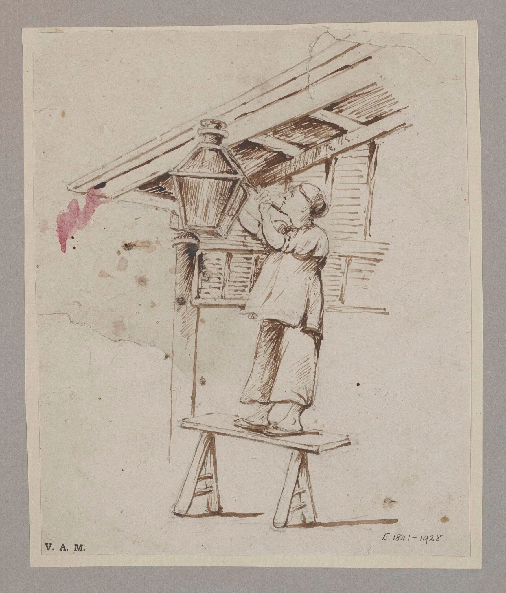 A man attending to a hanging lamp, detail