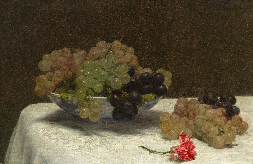 Still Life with Grapes and a Carnation, by Henri Fantin-Latour, oil, 1880