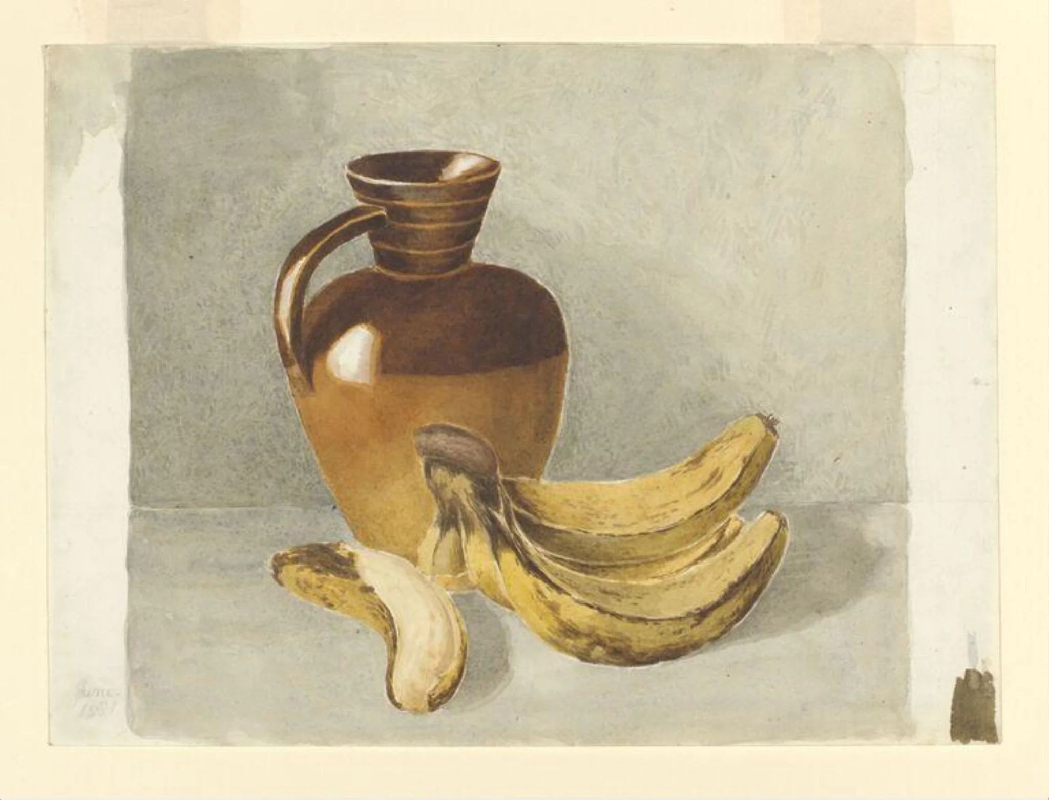 Still life study of a Lambeth salt-glazed stoneware jug and bananas, detail