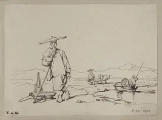 A Chinese man leaning on a staff, by George Chinnery, 19