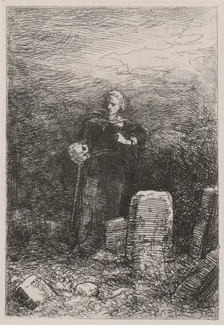 Hamlet with Yorick's Skull, by Caspar Johann Nepomuk Scheuren, ink, 1842