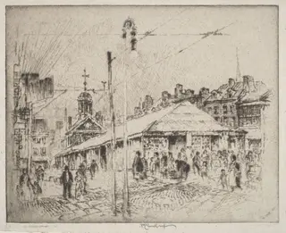 Second Street Market, Philadelphia, by Joseph Pennell, ink, 1920