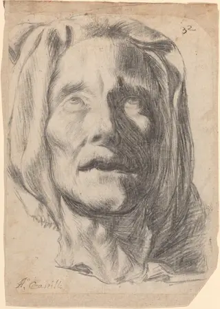 Head of an Elderly Woman with Upturned Eyes, by Antonio del Castillo, chalk, 1640