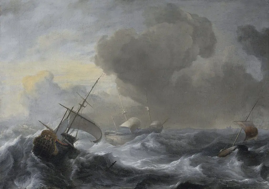 A threemaster with the Amsterdam coat-of-arms, with other vessels, in a storm, by Ludolf Bakhuizen, oil, 1700