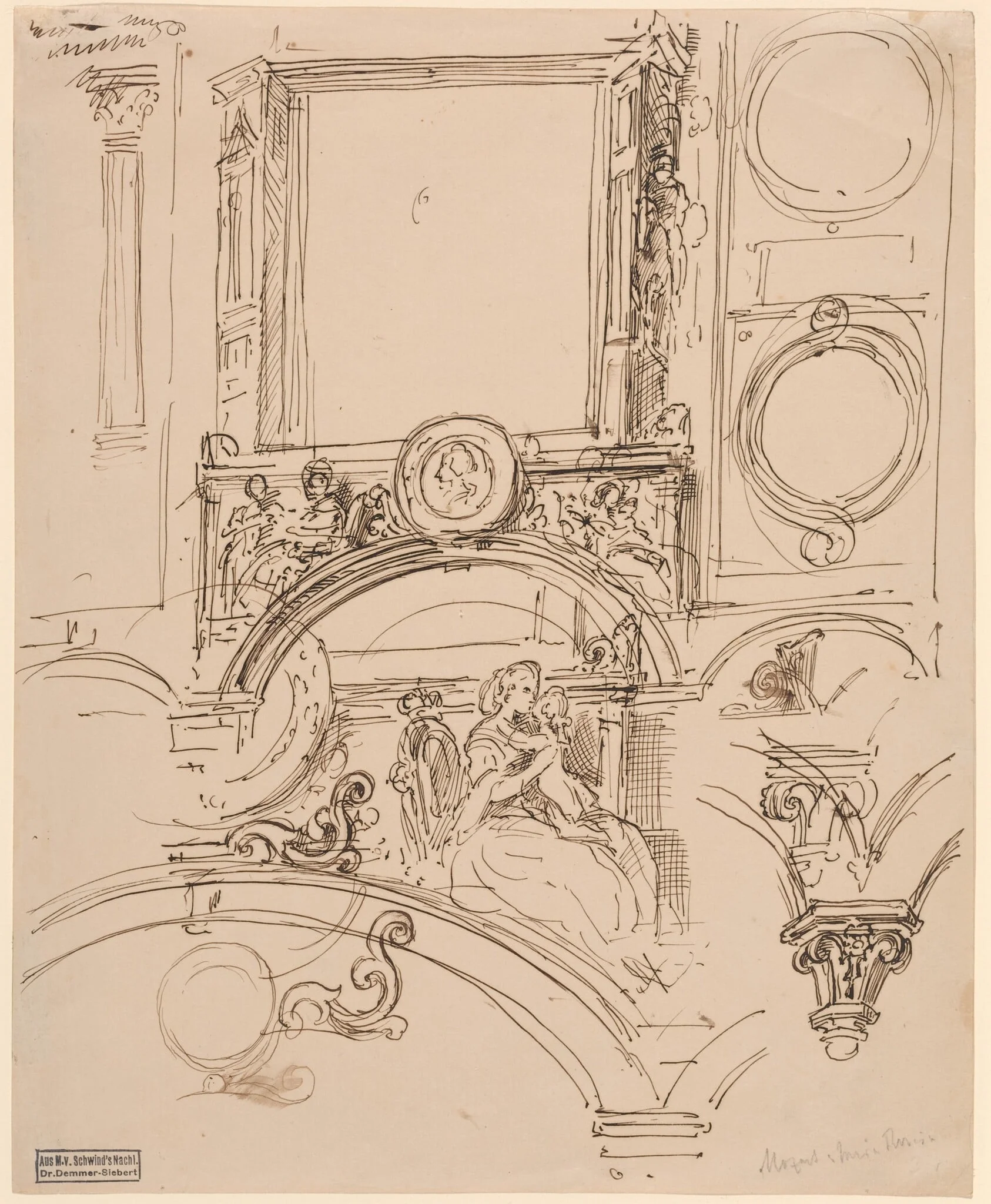 Architectural Details for a Wall Decoration with Empress Maria Theresia Embracing the Young Wolfgang Amadeus Mozart, detail