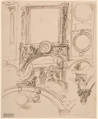 Architectural Details for a Wall Decoration with Empress Maria Theresia Embracing the Young Wolfgang Amadeus Mozart, by Moritz von Schwind, ink, 1864