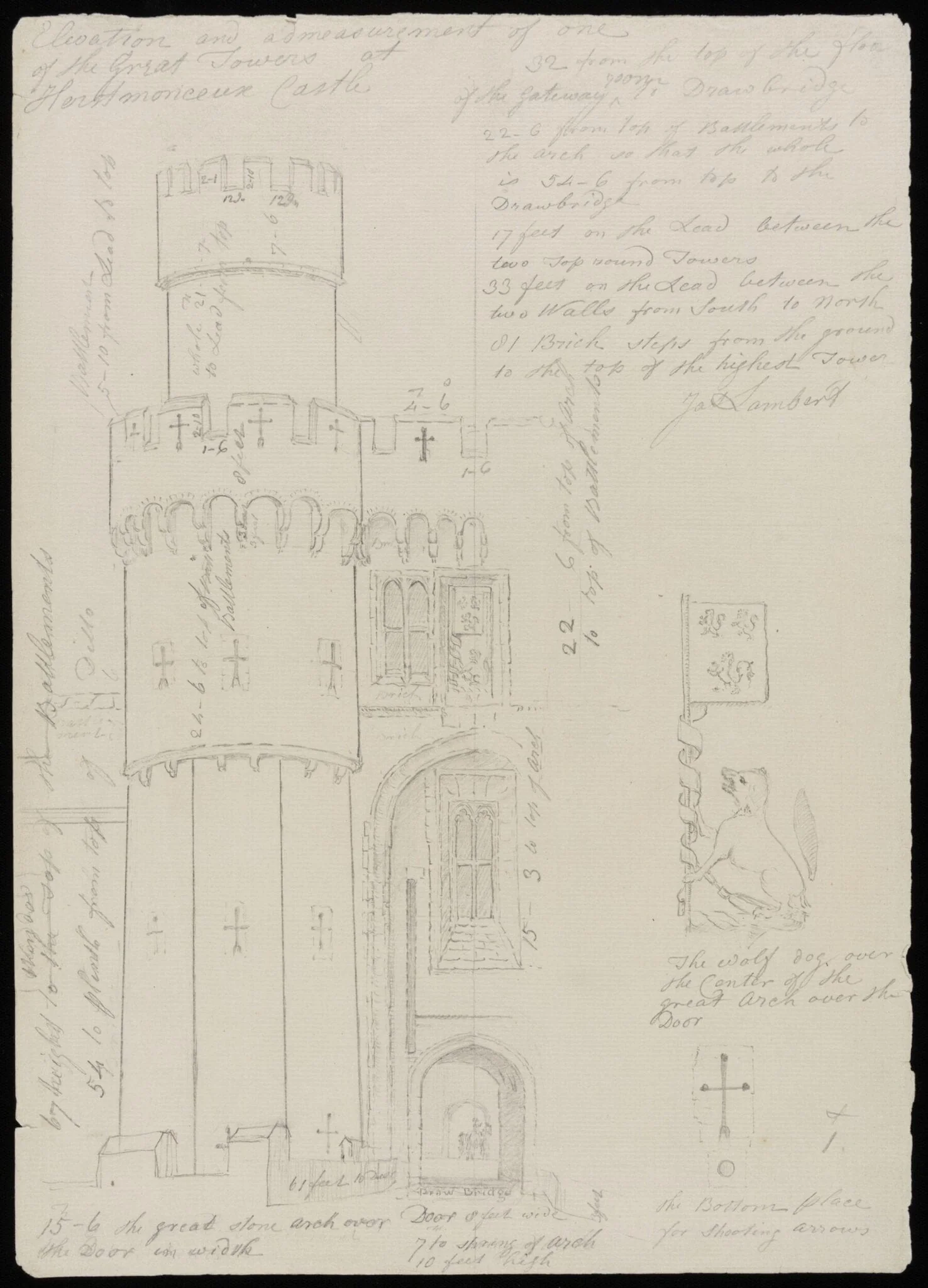 Elevation of one of the great towers., detail