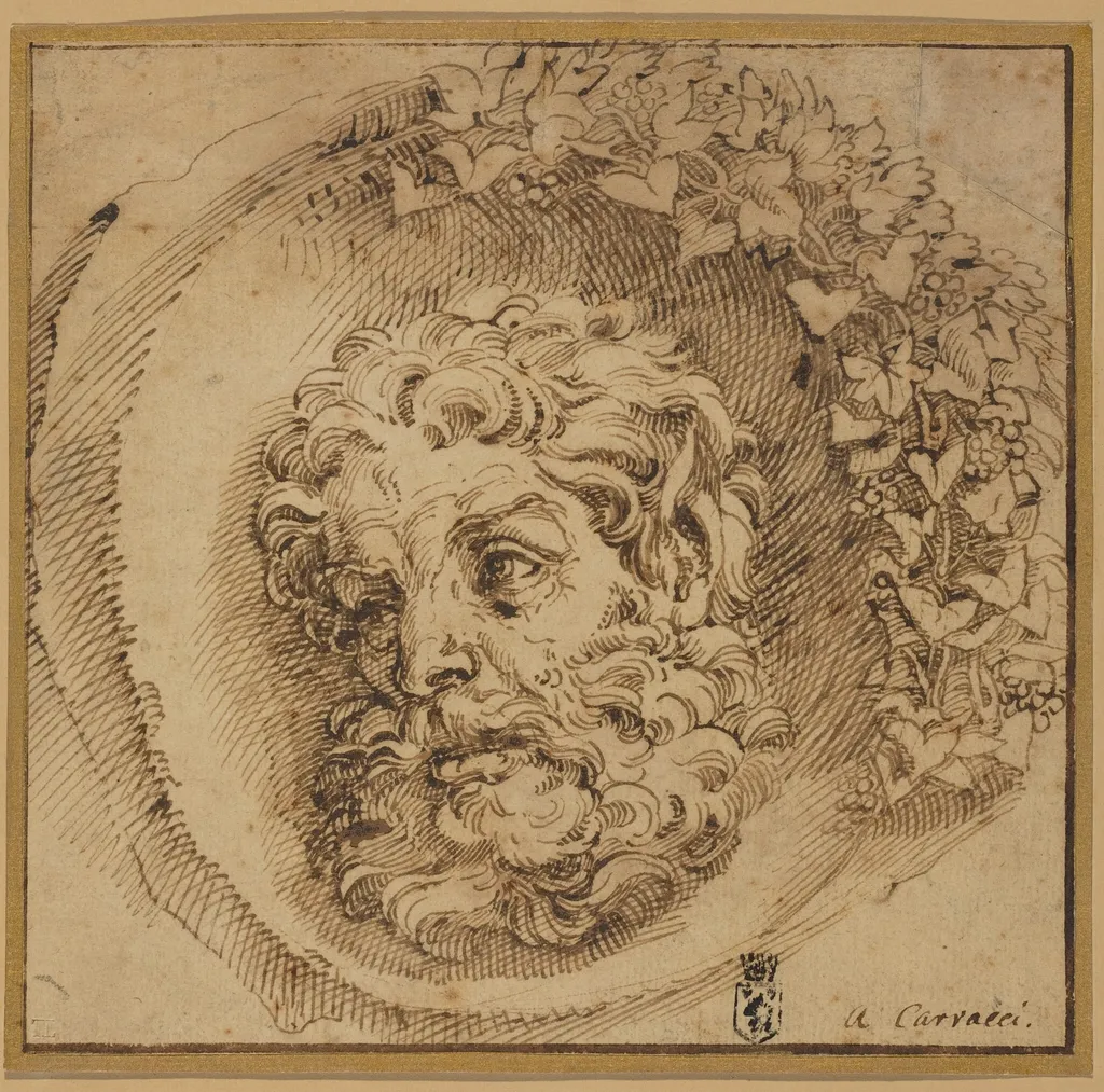 Head of a Faun in a Concave Roundel, by Agostino Carracci, ink, 1595