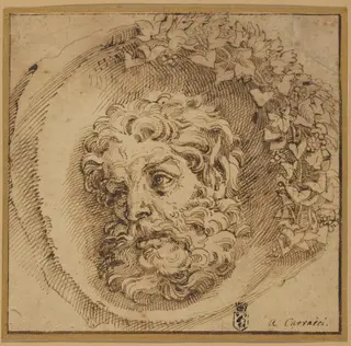 Head of a Faun in a Concave Roundel, by Agostino Carracci, ink, 1595