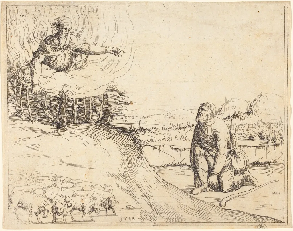 Moses and the Burning Bush, by Augustin Hirschvogel, ink, 1548