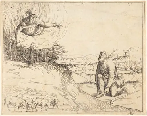 Moses and the Burning Bush, by Augustin Hirschvogel, ink, 1548