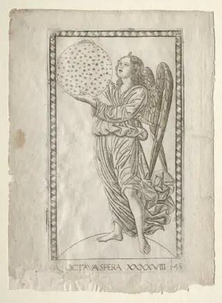 The Angel of the Eighth Sphere (from the Tarocchi, series A:  Firmaments of the Universe, #48), by Master of the E-Series Tarocchi, 1467
