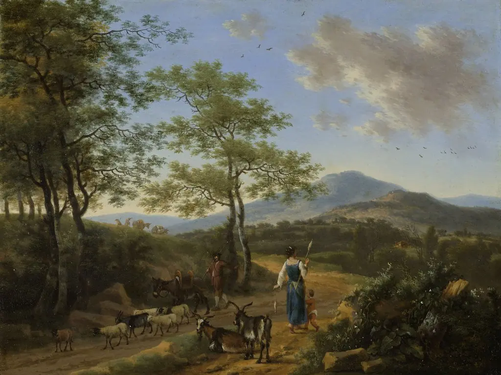 Italian landscape with herders, by Willem de Heusch, oil, 1650
