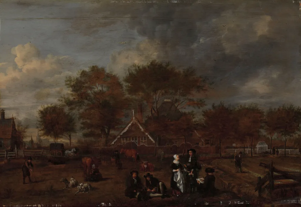 Farmstead with the Gentleman Farmer and his Wife and the Painter in the foreground, by Jan Pietersz Opperdoes, oil, 1650