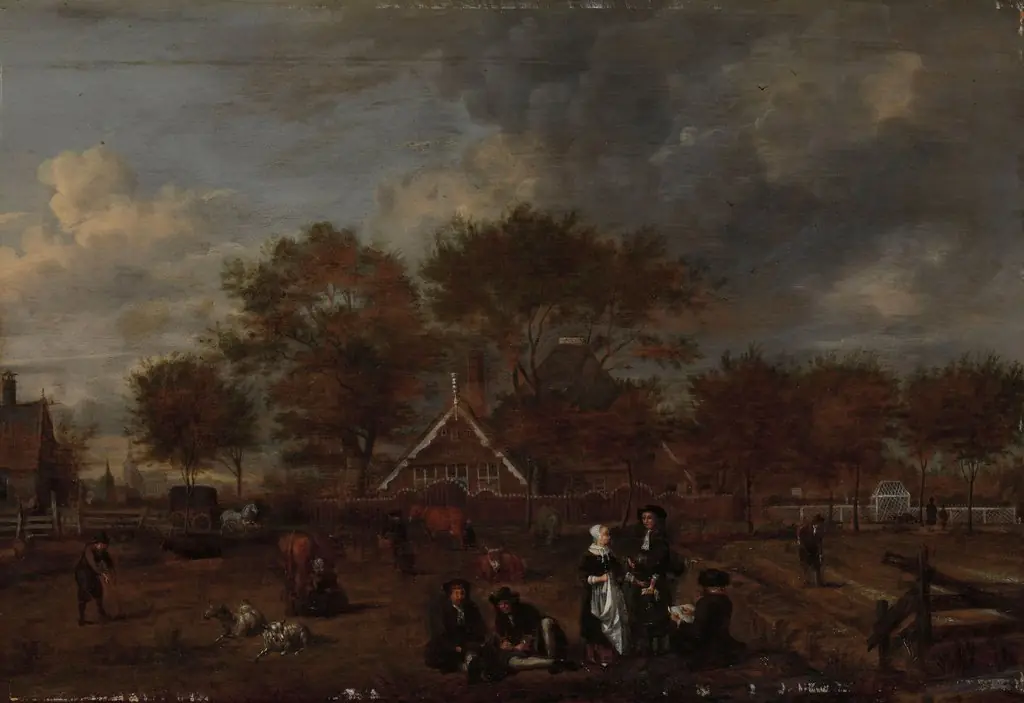 Farmstead with the Gentleman Farmer and his Wife and the Painter in the foreground, by Jan Pietersz Opperdoes, oil, 1650