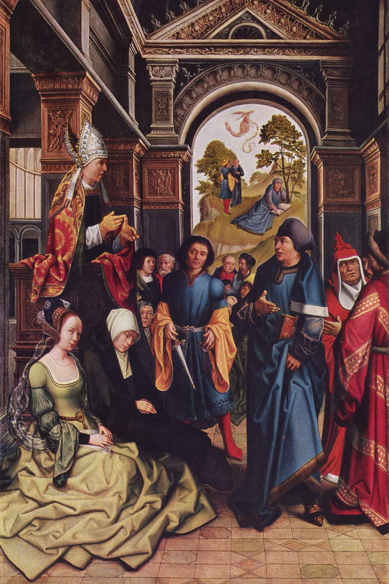 Sermon of St. Ambrose Outside: Two standing holy bishops, detail