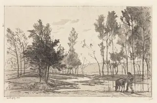 Donkey at a Watering Place (L'Ane a l'abreuvoir), by Charles François Daubigny, ink, 1850