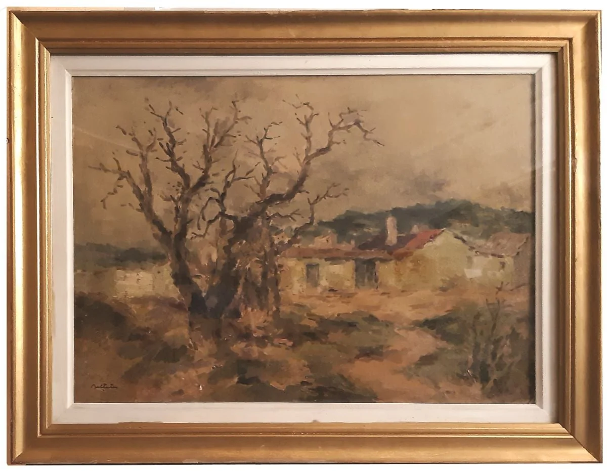 Peisaj cu casă de țară și un copac uscat, detail
