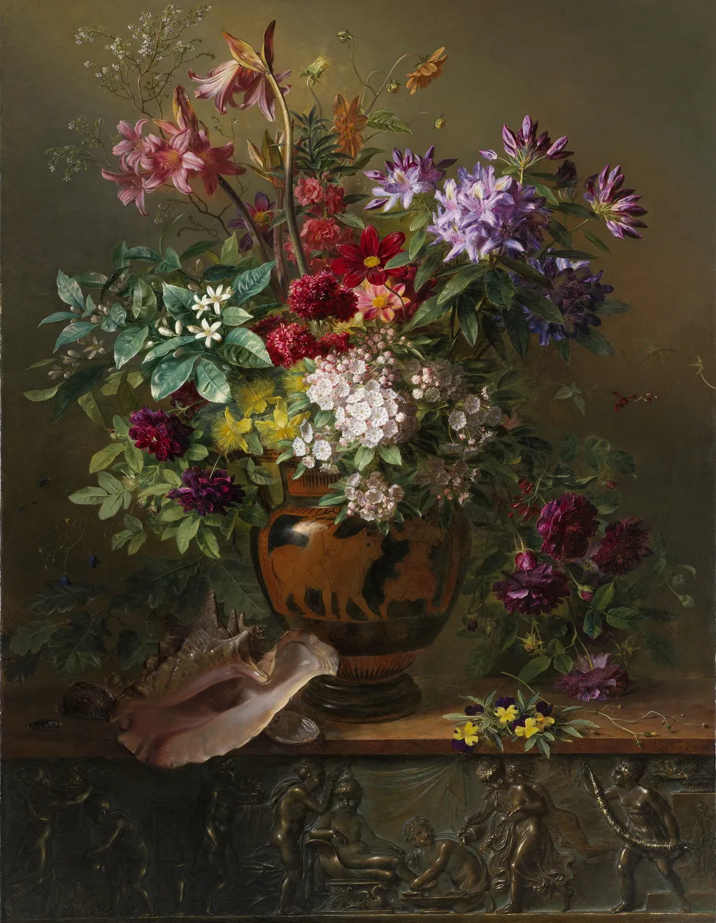 Still Life with Flowers in a Greek Vase: Allegory of Spring, by Georgius Jacobus Johannes van Os, oil, 1817