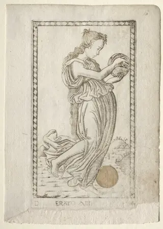 Erato (lyric and love poetry) (from the Tarocchi series D:  Apollo and the Muses, #14), by Master of the E-Series Tarocchi, 1467