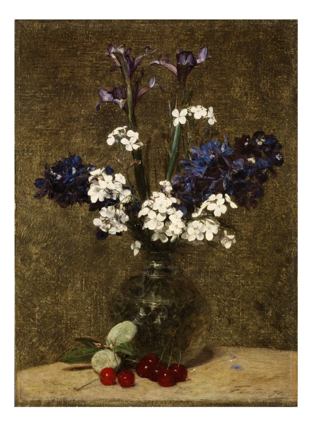 Vase of flowers, with Cherries and Almonds on the table, by Henri Fantin-Latour, oil, 1871