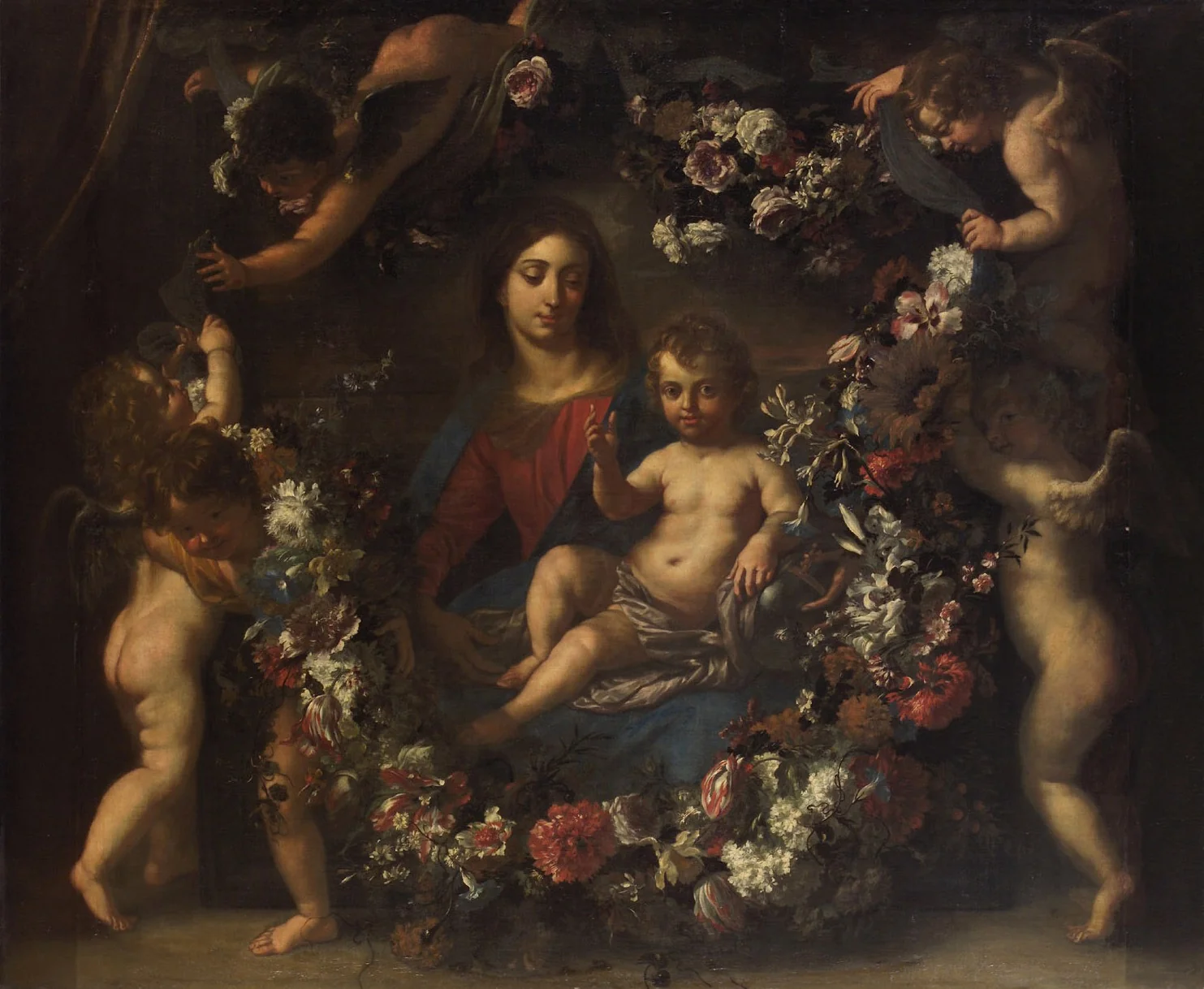 Virgin with child in a wreath of flowers, detail