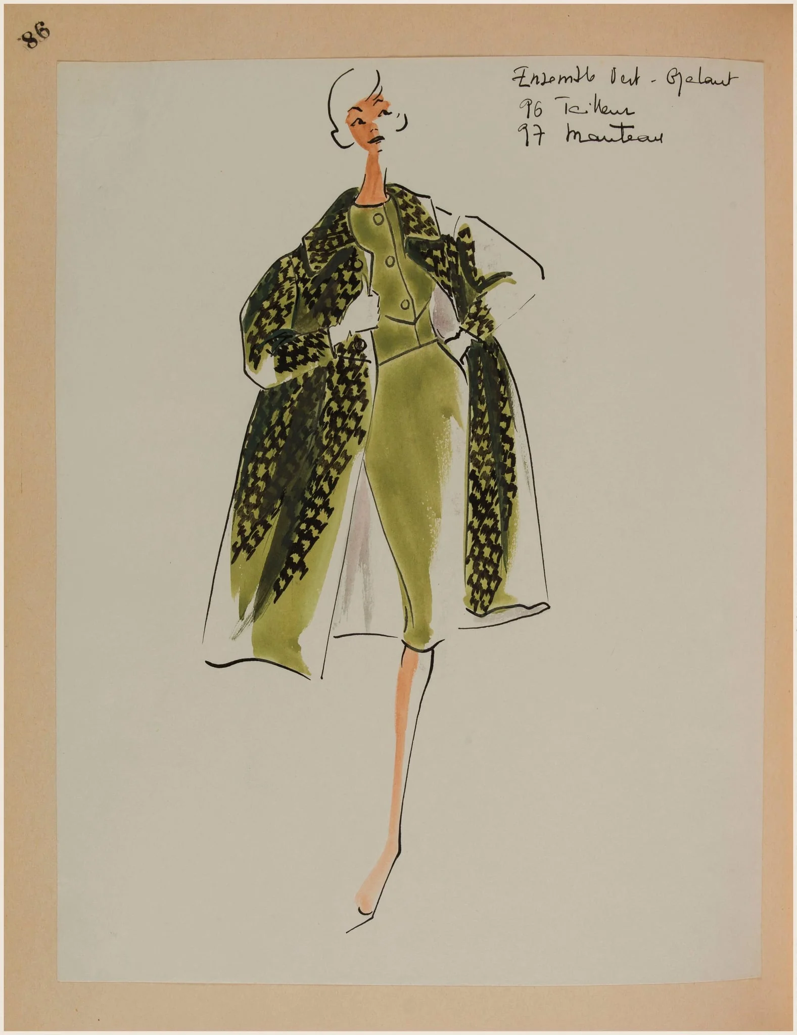 Ensemble vert galant tailleur et manteau, detail