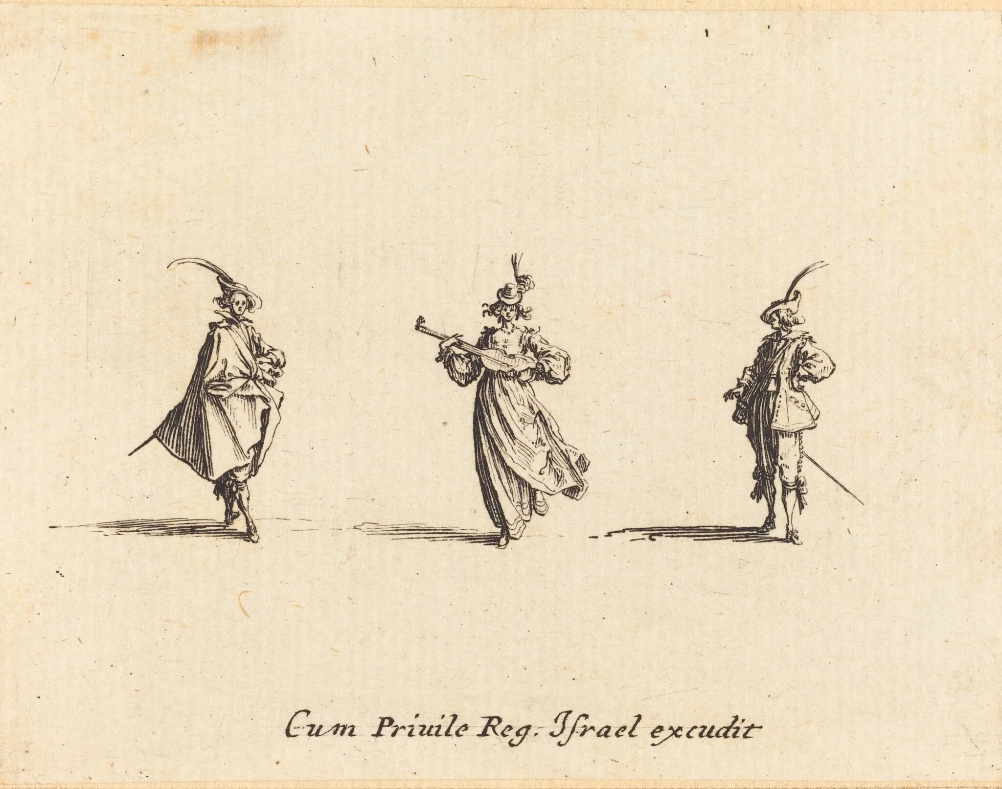 Lady with String Instrument, and Two Gentlemen, detail