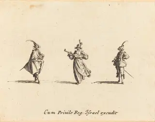 Lady with String Instrument, and Two Gentlemen, by Jacques Callot, ink, 1634