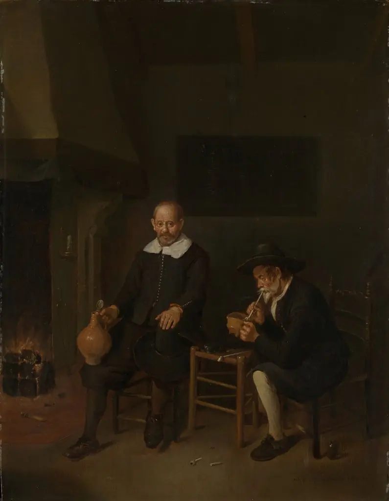 Interior with two men by the fire, by Quirijn van Brekelenkam, oil, 1664