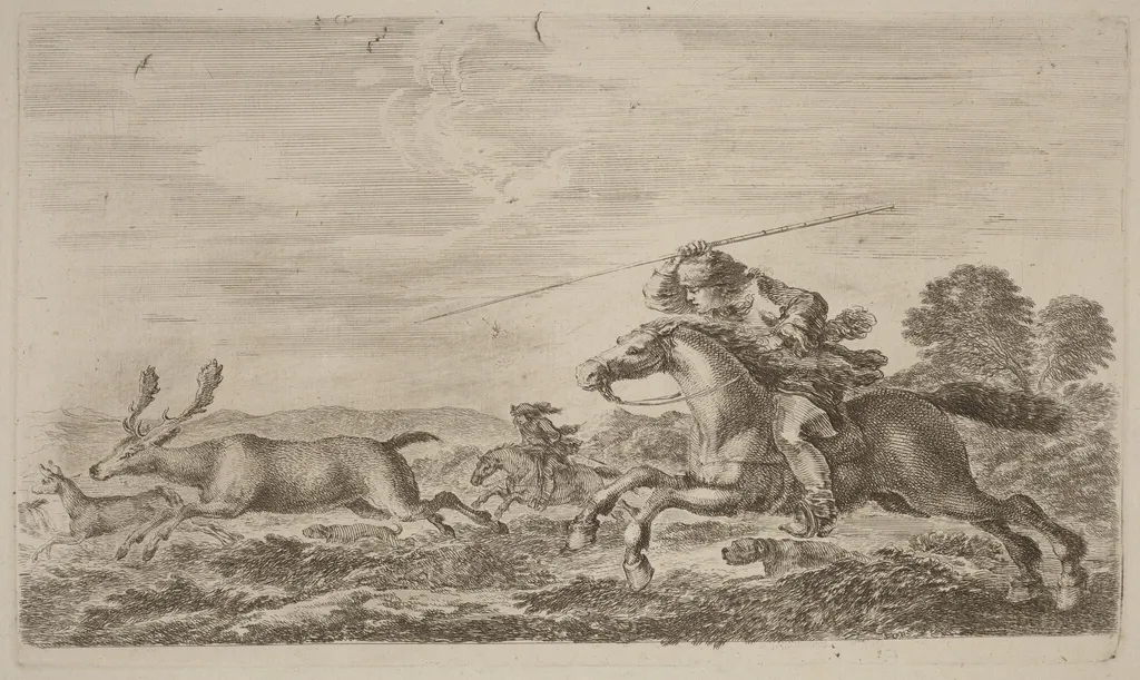 Deer Chased by Two Cavaliers, by Stefano Della Bella, ink, 1637