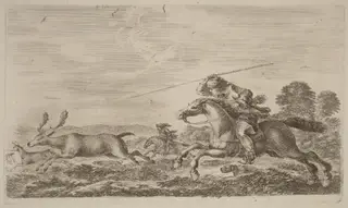 Deer Chased by Two Cavaliers, by Stefano Della Bella, ink, 1637