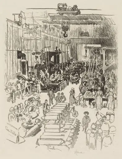 English War Work:  Finishing Shells, by Joseph Pennell, 1916