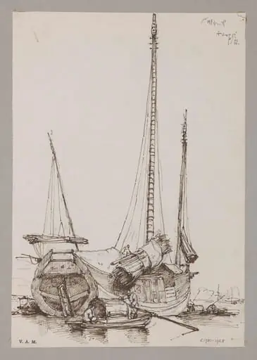A Chinese junk with timbers being hauled aboard, by George Chinnery, 12