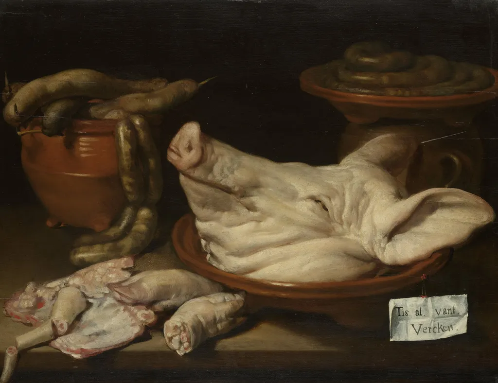 Still Life with Pig's Head, Trotters and Sausage, by Monogrammist JVR, oil, 1600
