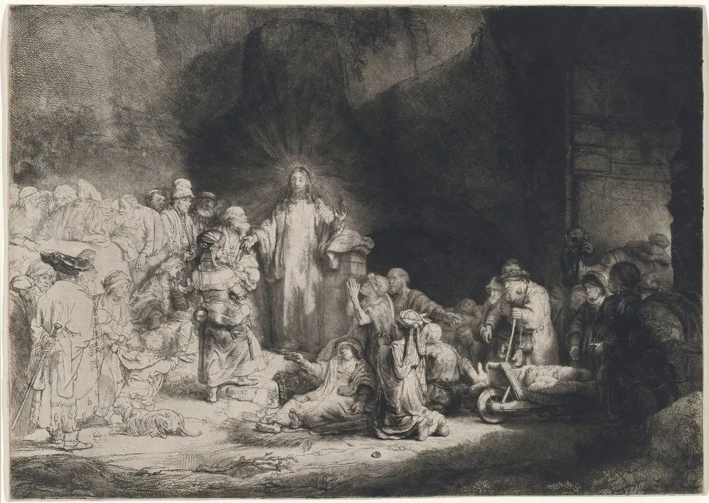 Christ Preaching (The Hundred Guilder Print), by Rembrandt, ink, 1646
