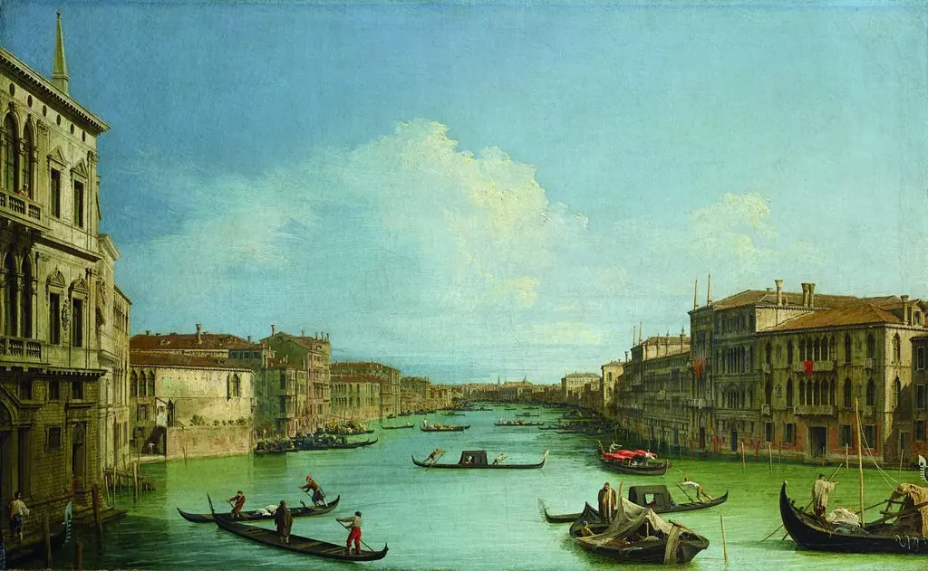 The Grand Canal seen from the Palazzo Balbi towards the Bridge of Rialto, by Canaletto, oil, 1727