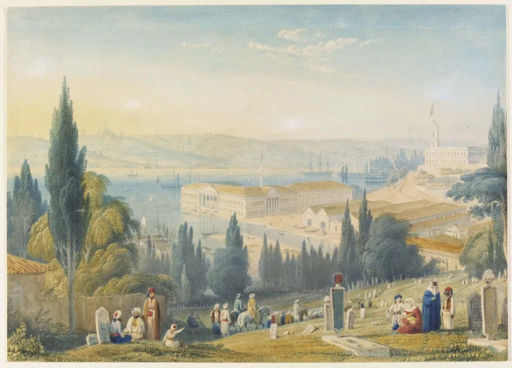 A view of the new Turkish Naval Buildings and Dockyards on the Golden Horn: Constantinople in the background, by William Purser, watercolor, 1825