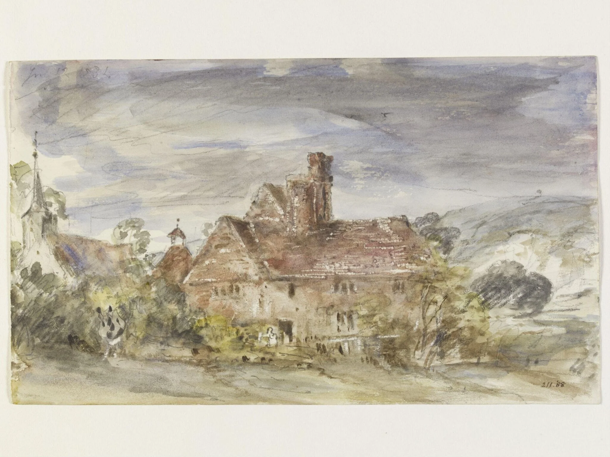 A farmhouse and church at Houghton, Sussex, detail