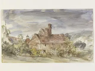 A farmhouse and church at Houghton, Sussex, by John Constable, watercolor, 12