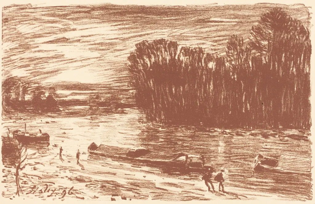 Banks of the Loing near Saint-Mammès (Bords du Loing, pres Saint-Mammès), by Alfred Sisley, ink, 1896