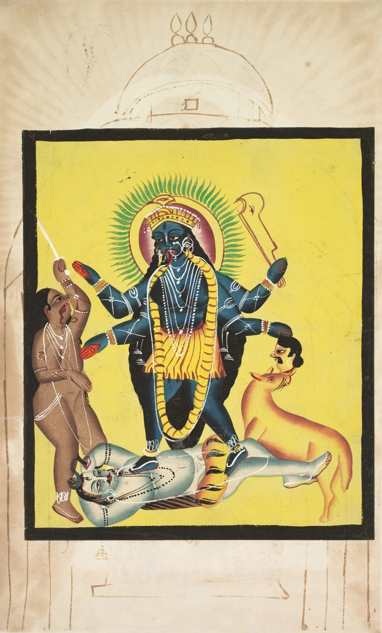 Kali Standing on Shiva (verso), from a Kalighat album, detail